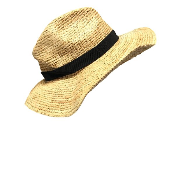 J Crew Wide-Brim Packable Straw Hat Beige Black Band Raffia M/L FLAW - Picture 5 of 8